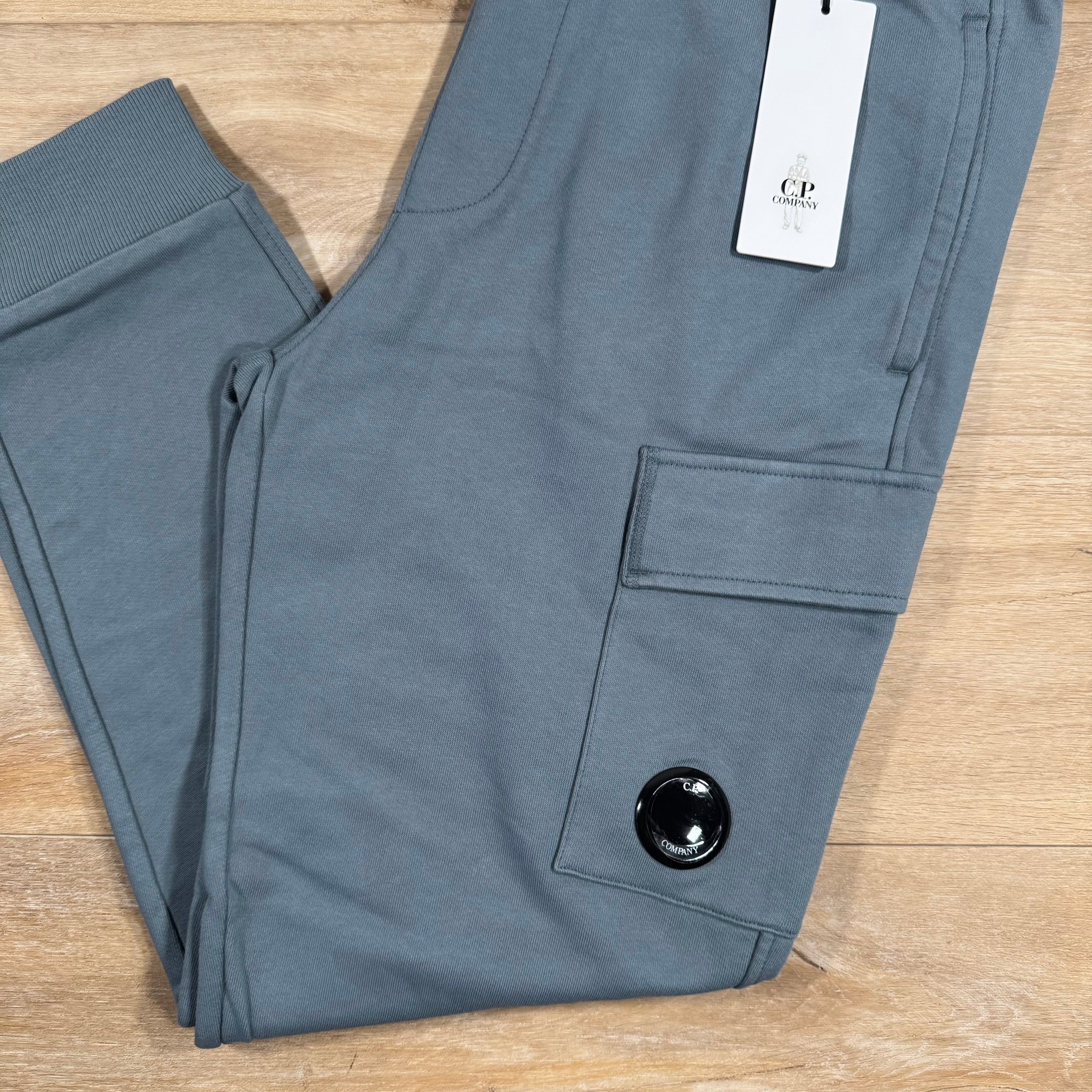 CP Company Diagonal Raised Fleece Lens Sweatpants in Stormy Weather - Blue Ironleague