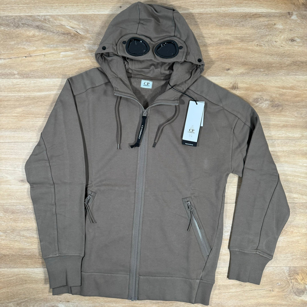 CP Company Diagonal Raised Zipped Goggle Hoodie in Walnut Ironleague