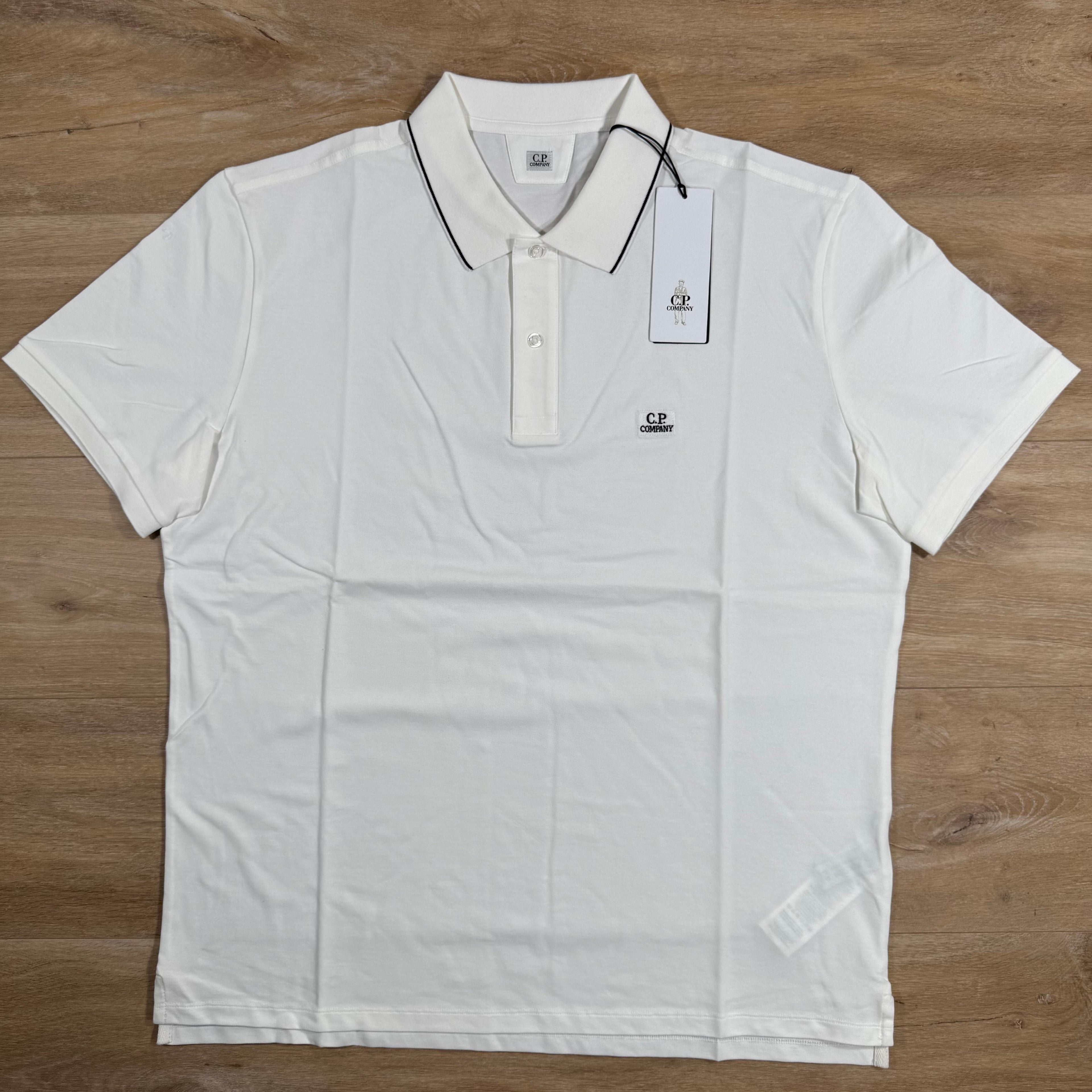 CP Company Stretch Piquet Striped Collar Polo Shirt in Gauze White Ironleague
