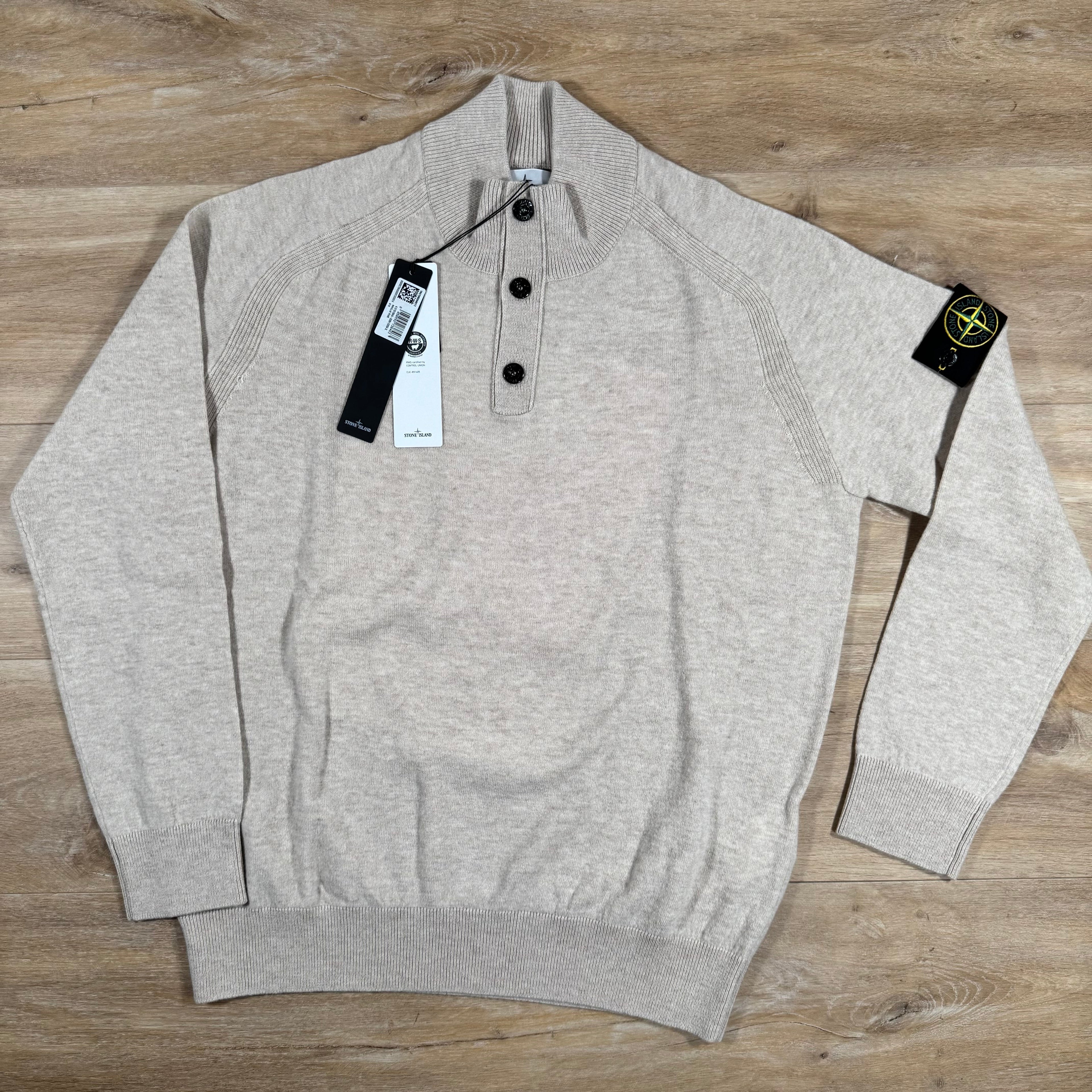 Stone Island Geelong Wool Half Button Jumper in Desert Melange Ironleague