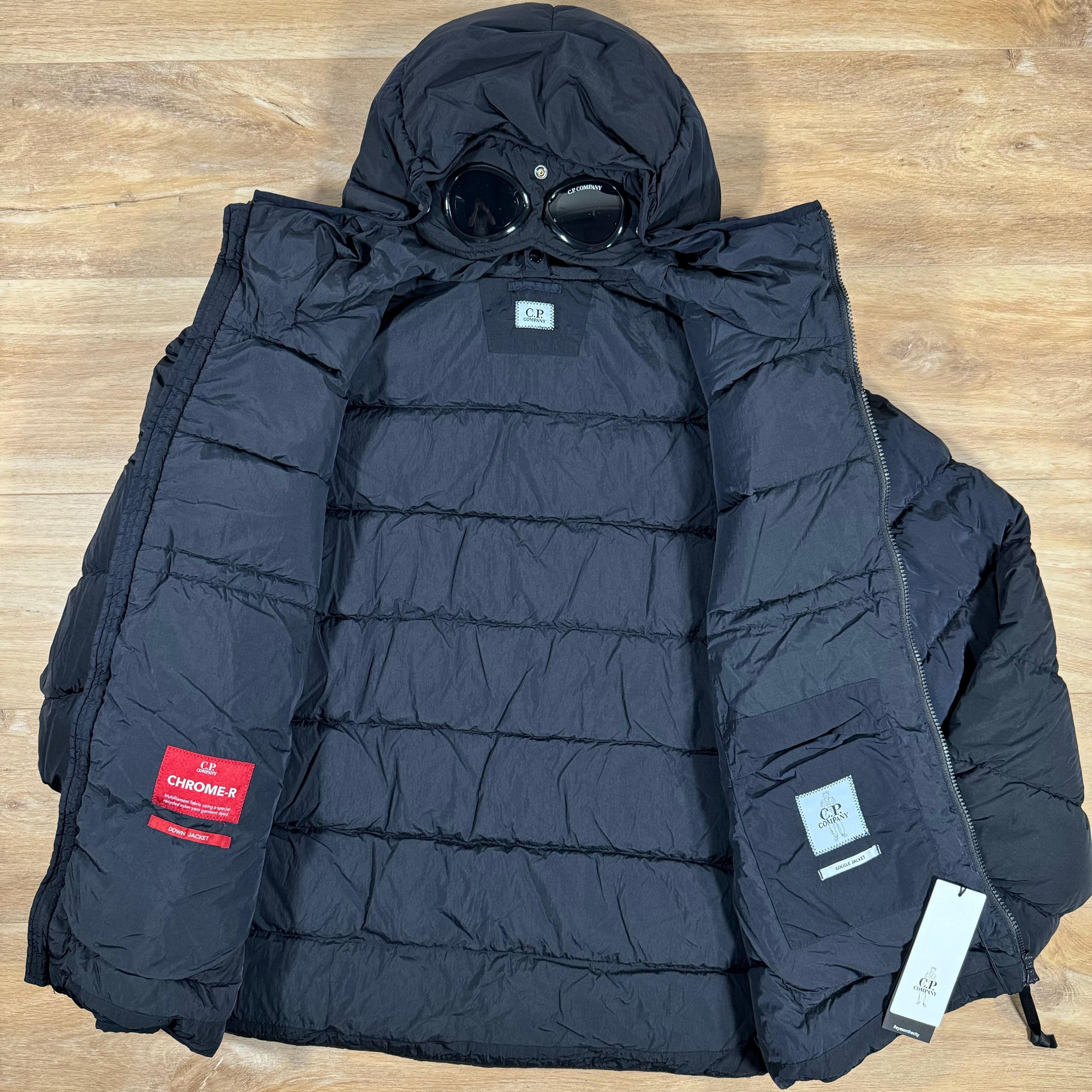 CP Company Chrome-R Goggle Down Jacket in Navy Ironleague