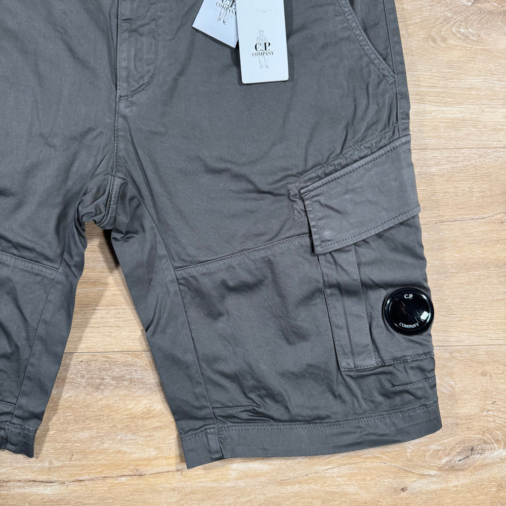 CP Company Stretch Sateen Lens Cargo Shorts in Smoked Pearl Ironleague