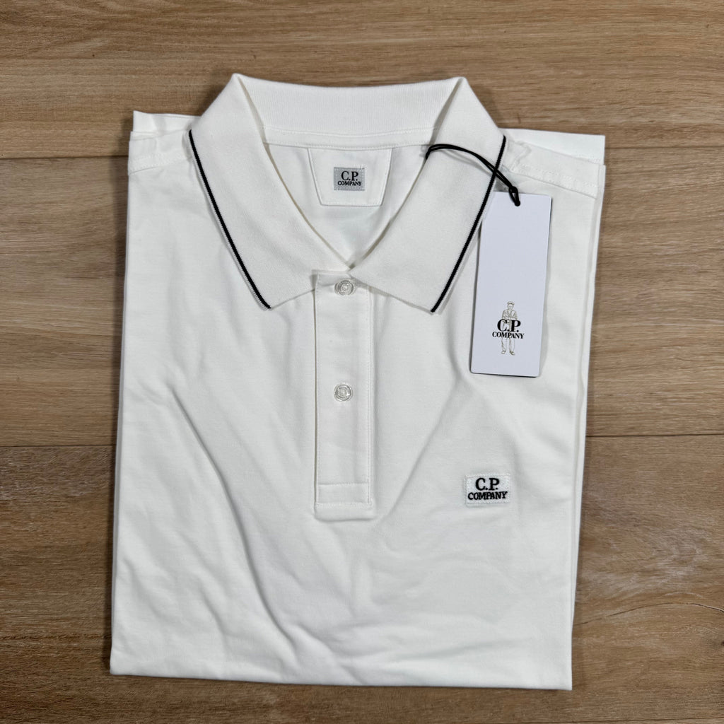 CP Company Stretch Piquet Striped Collar Polo Shirt in Gauze White Ironleague