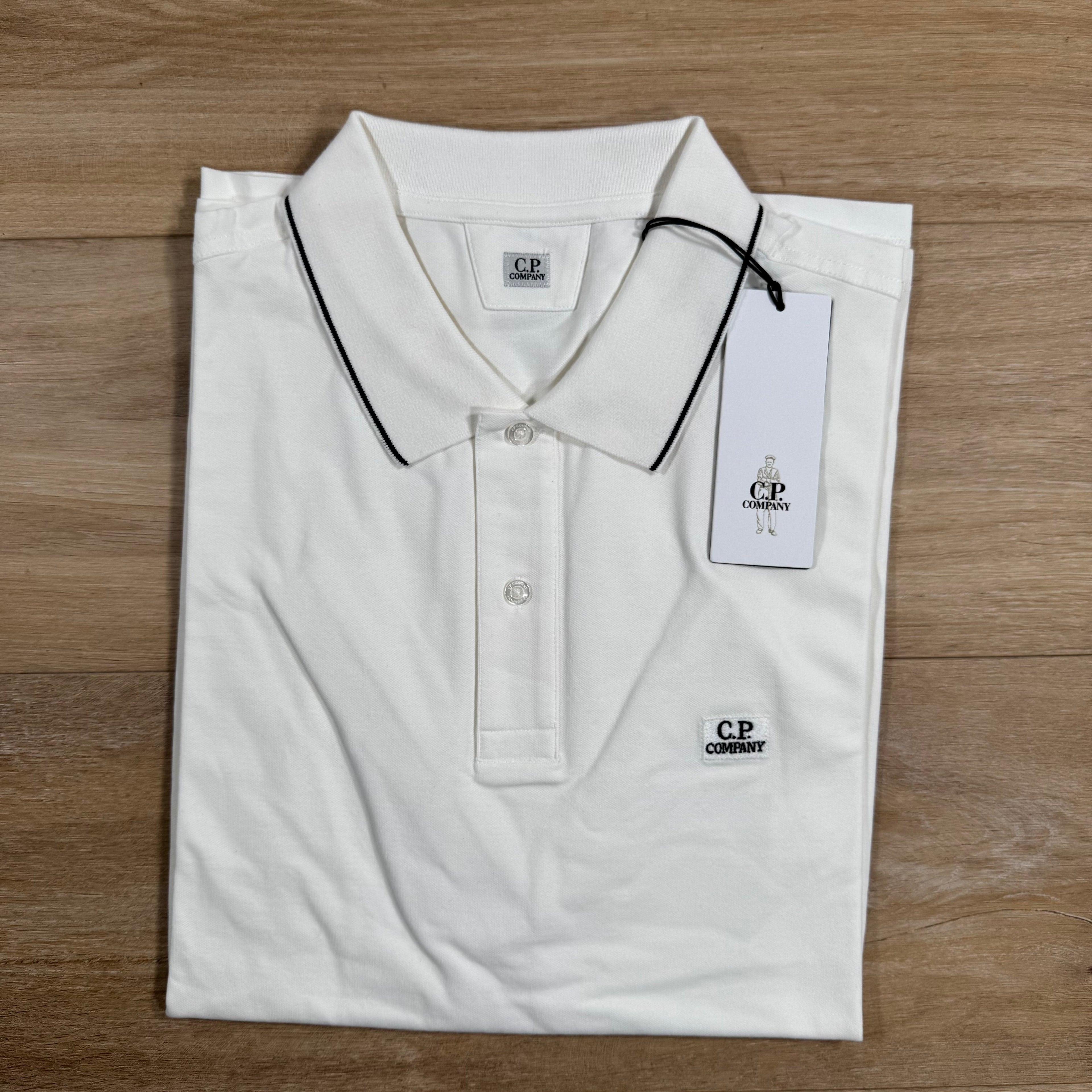 CP Company Stretch Piquet Striped Collar Polo Shirt in Gauze White Ironleague