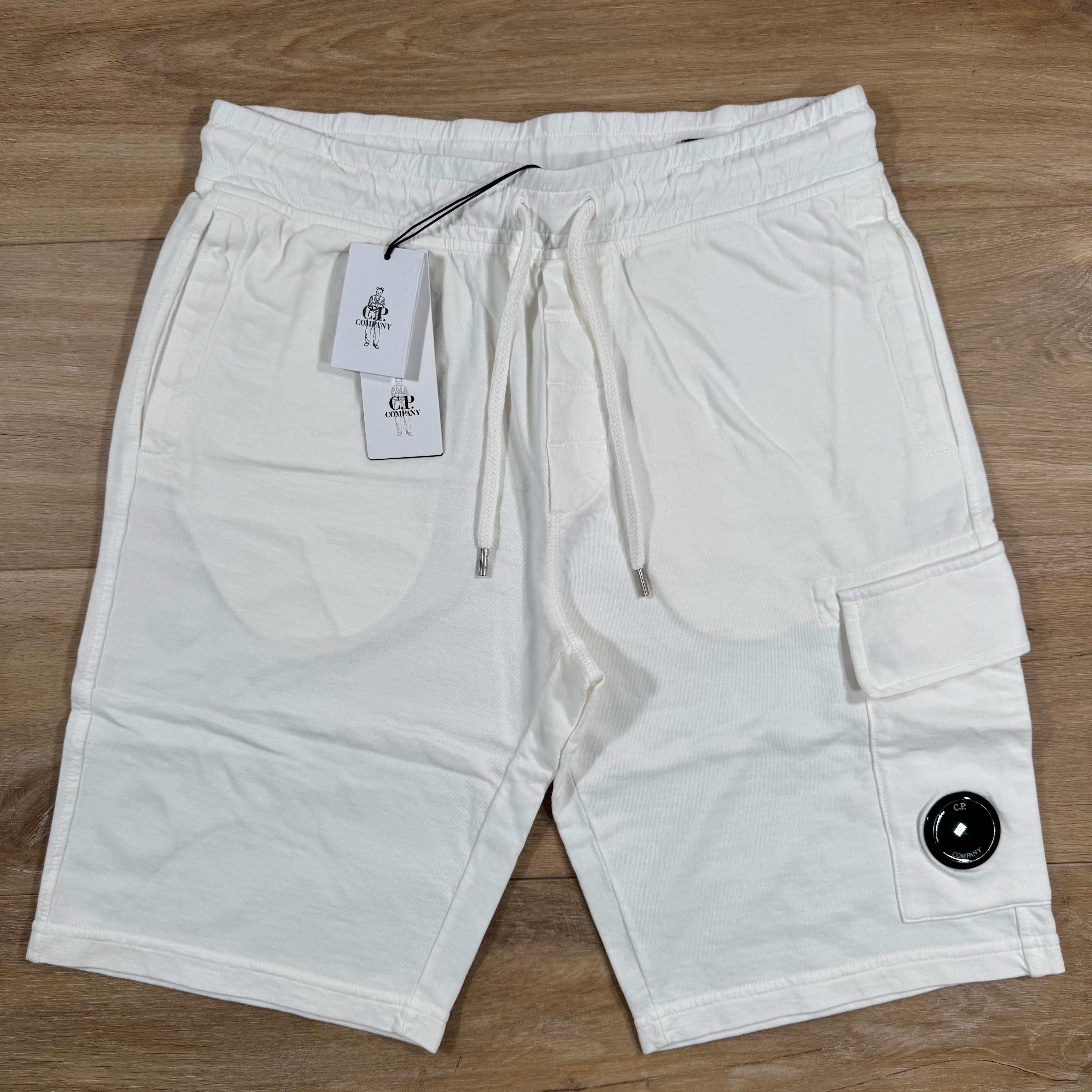 CP Company Light Fleece Cargo Lens Shorts in Gauze White Ironleague