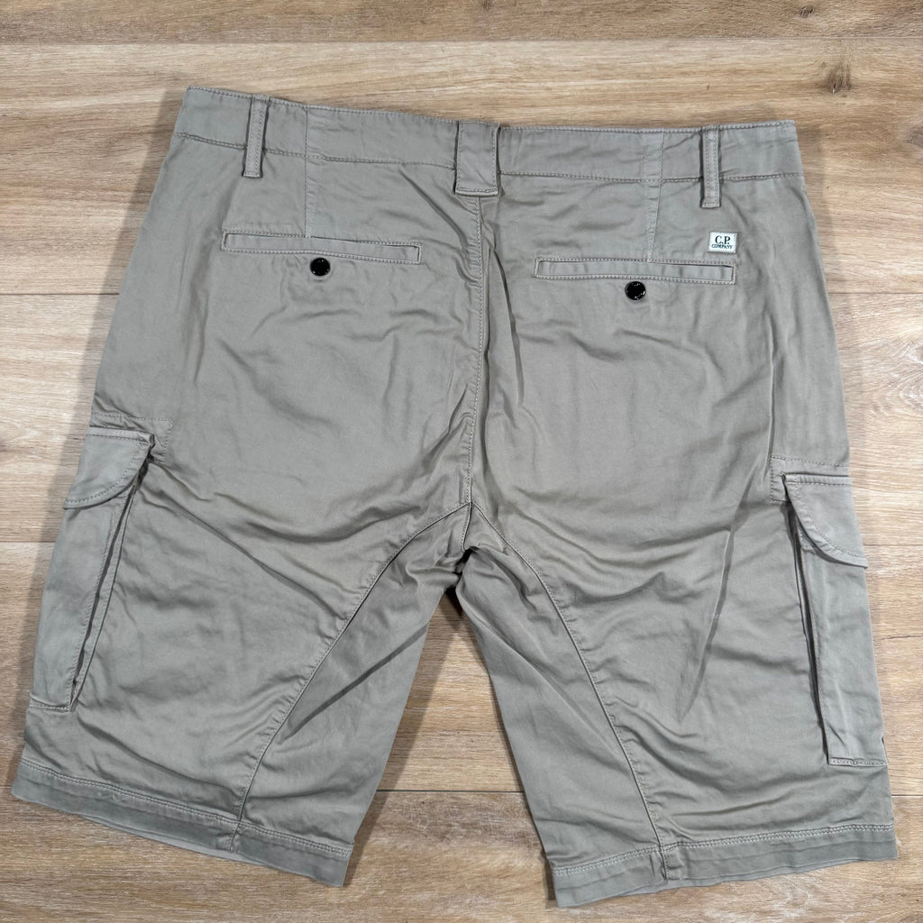 CP Company Stretch Sateen Lens Cargo Shorts in Vintage Khaki Ironleague