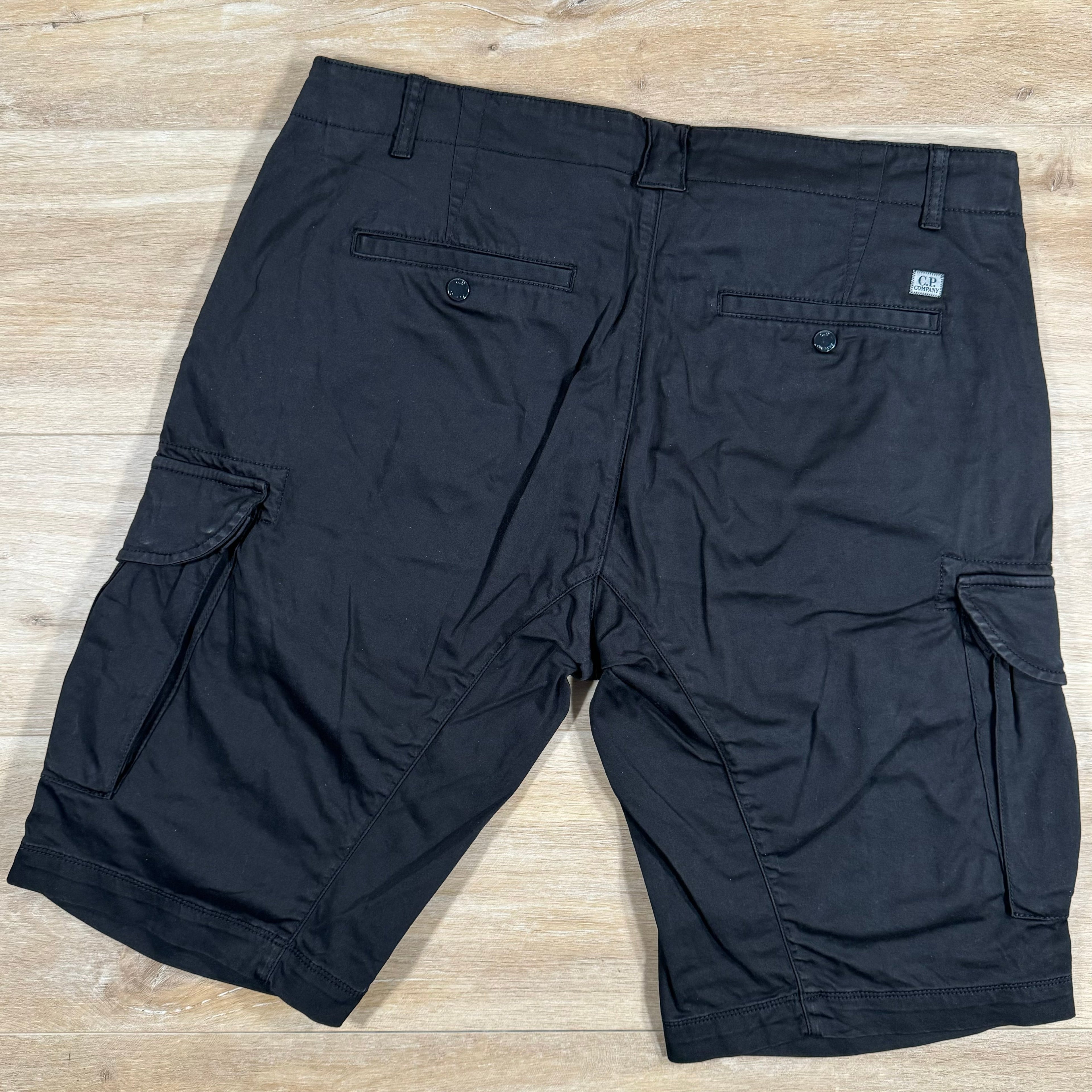CP Company Stretch Sateen Lens Cargo Shorts in Black Ironleague