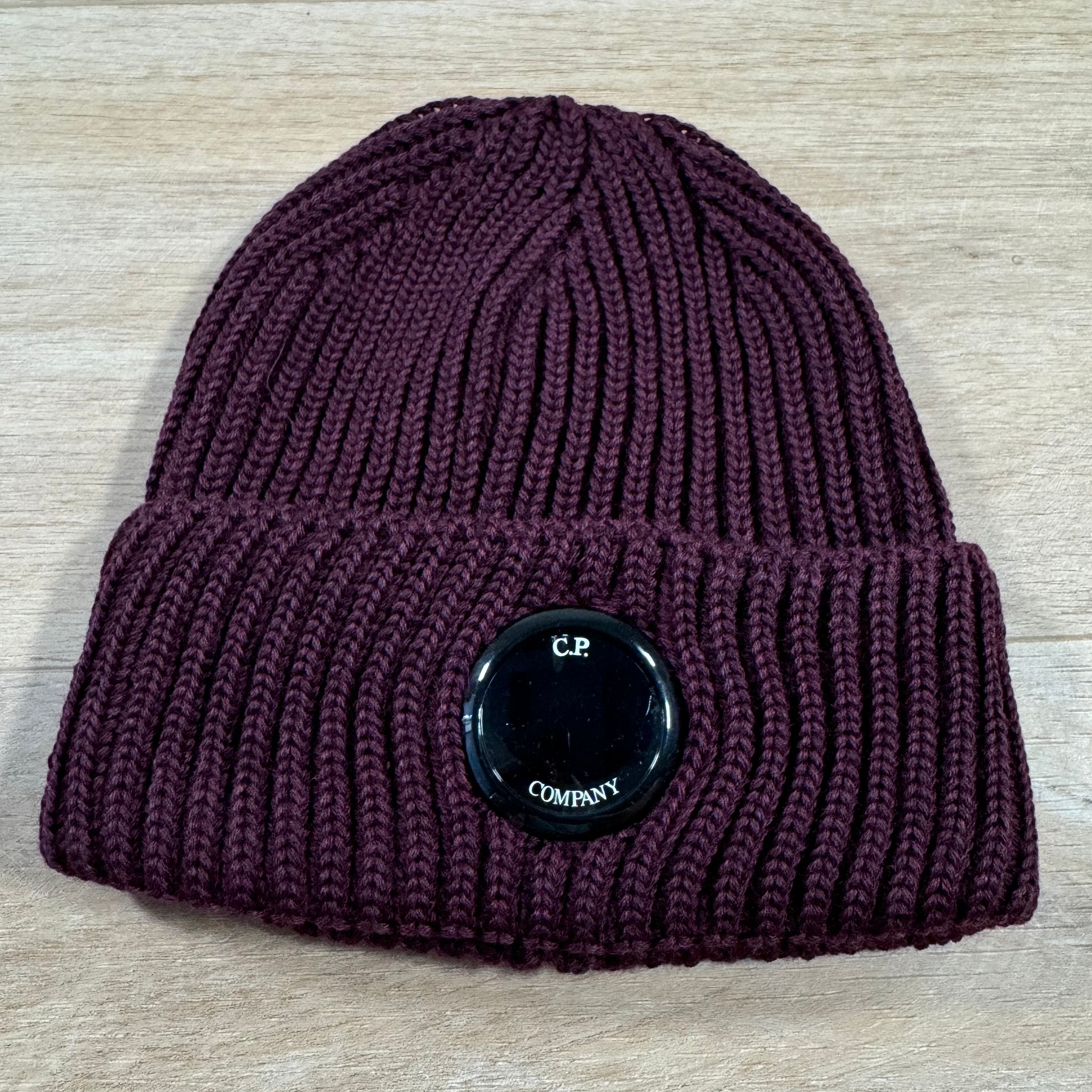 CP Company Extra Fine Merino Wool Lens Beanie in Potent Purple Ironleague