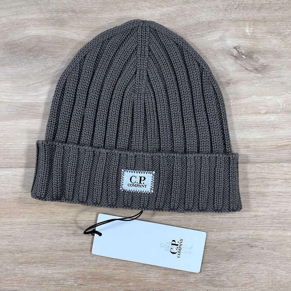 CP Company Extra Fine Merino Wool Logo Beanie in Walnut Ironleague