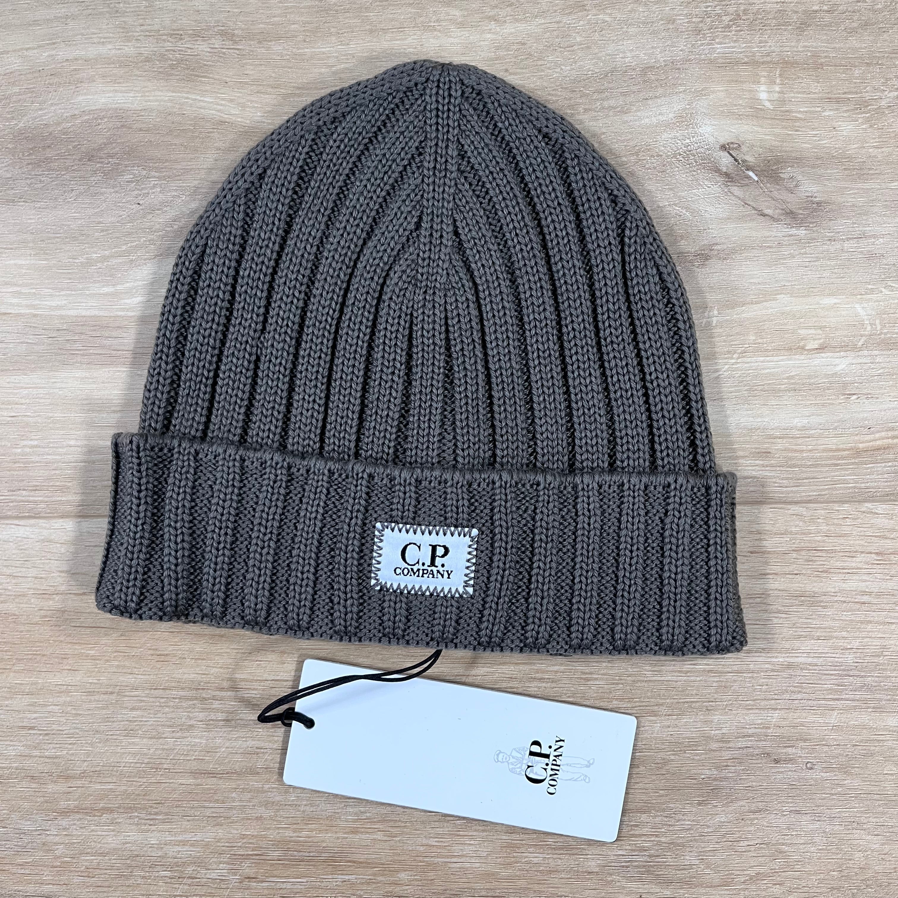 CP Company Extra Fine Merino Wool Logo Beanie in Walnut Ironleague