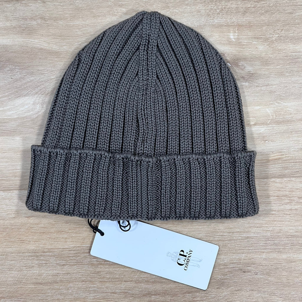 CP Company Extra Fine Merino Wool Logo Beanie in Walnut Ironleague