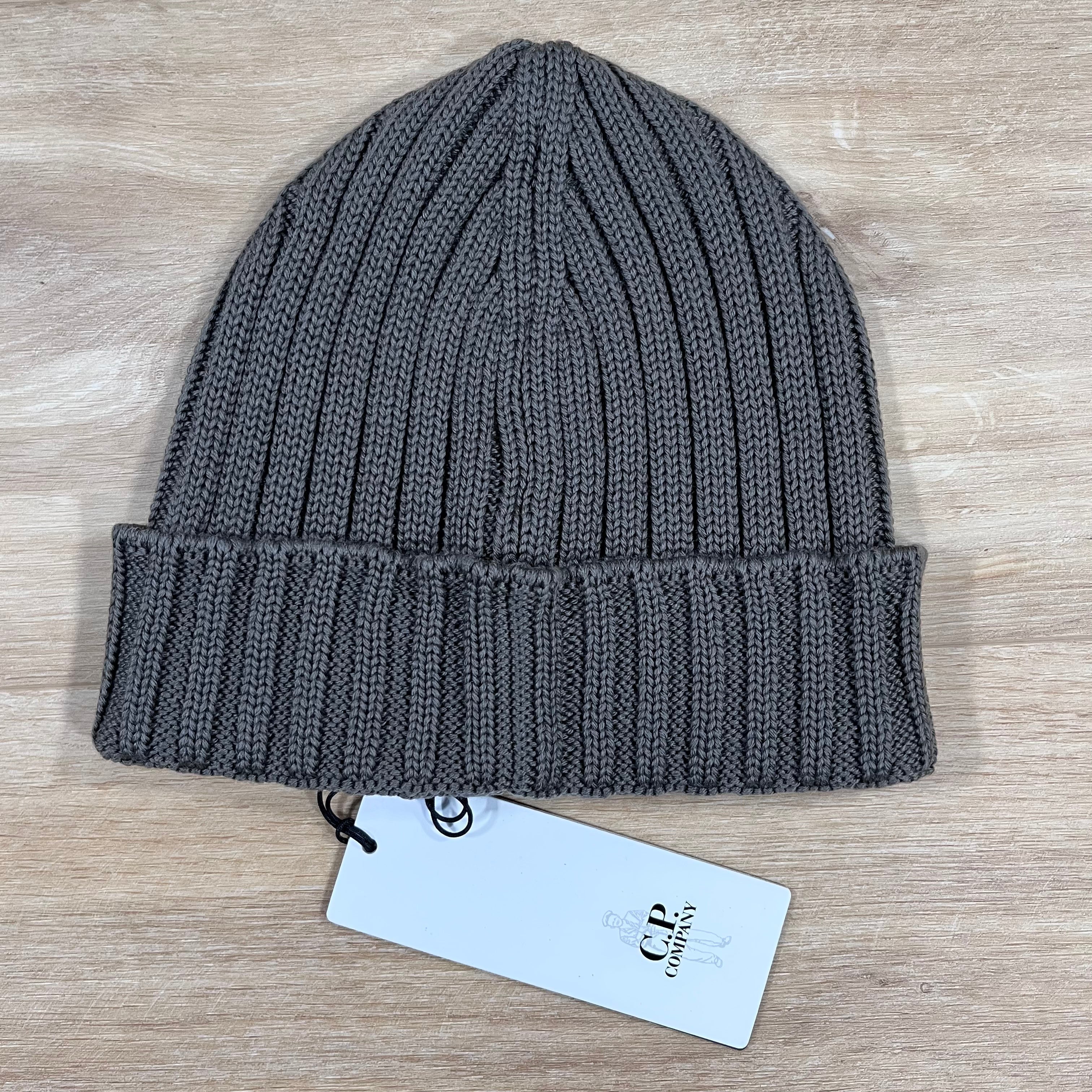 CP Company Extra Fine Merino Wool Logo Beanie in Walnut Ironleague
