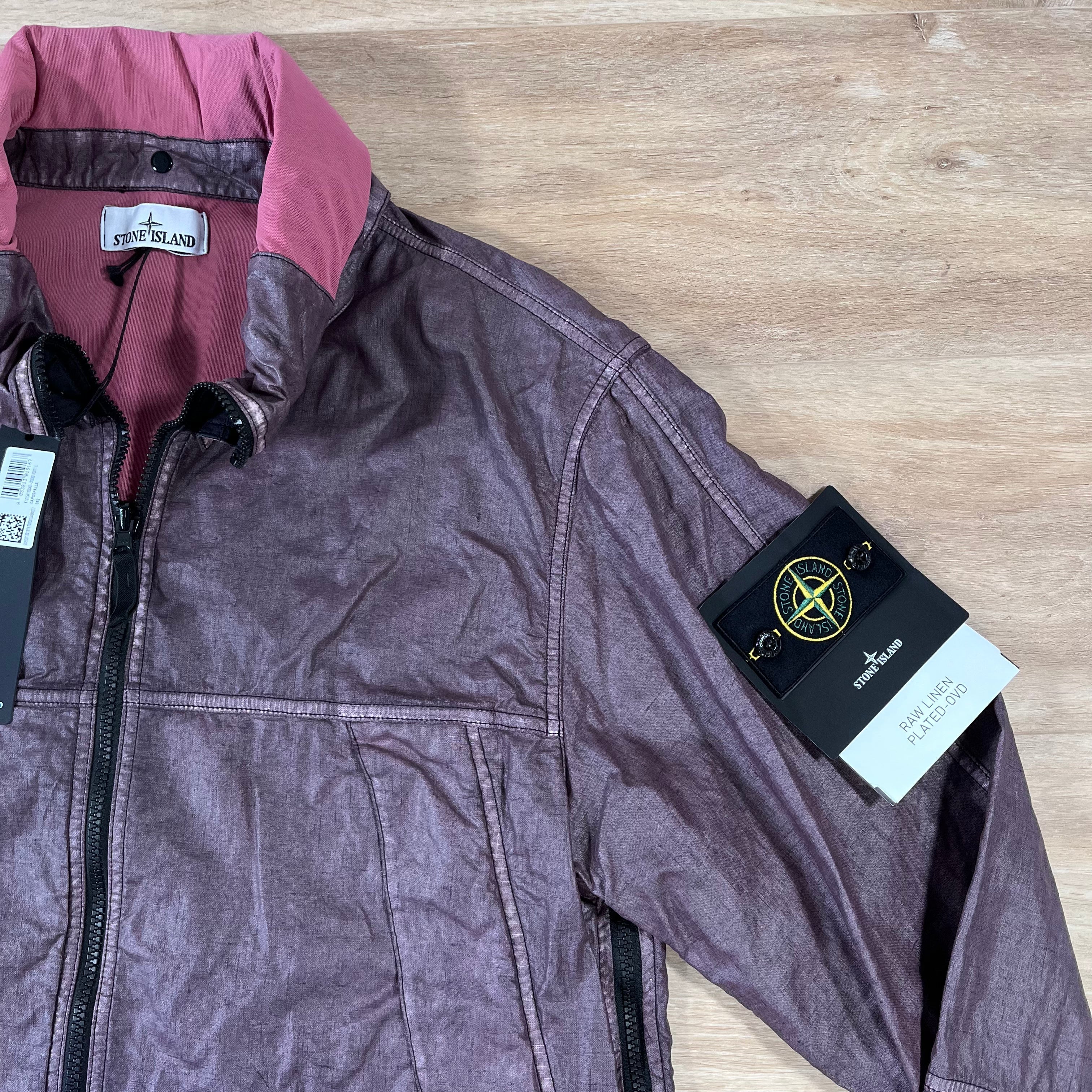 Stone Island Raw Linen Plated-OVD Jacket in Burgundy Ironleague