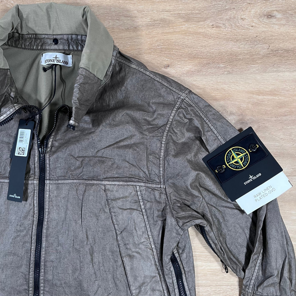 Stone Island Raw Linen Plated-OVD Jacket in Military Green Ironleague