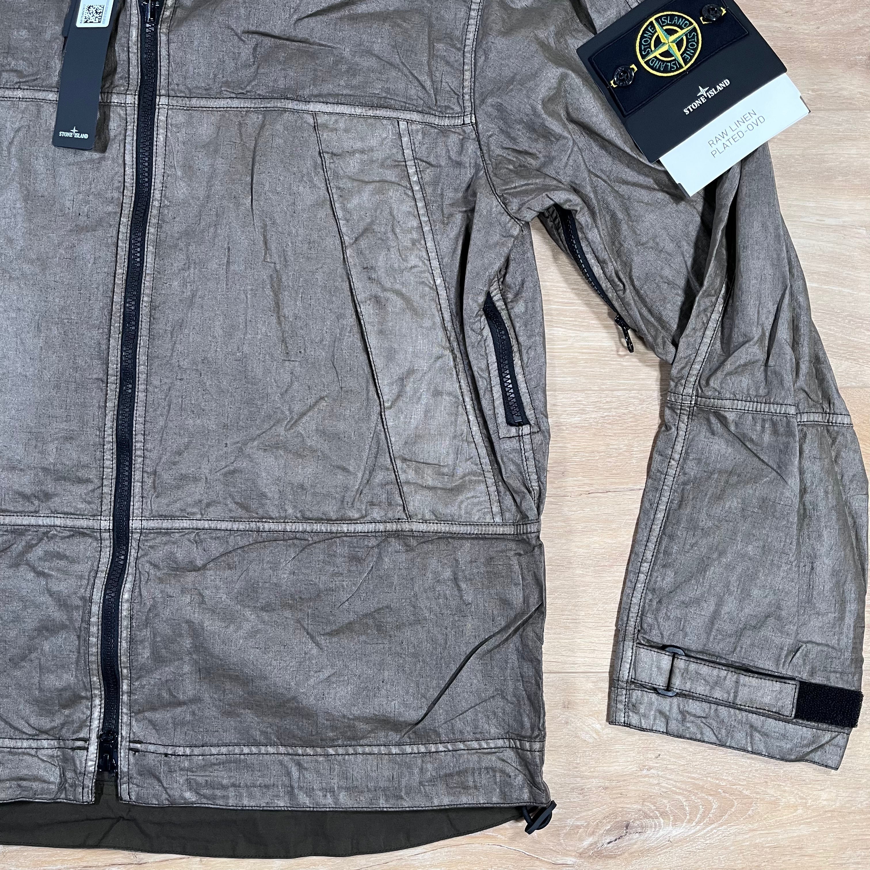 Stone Island Raw Linen Plated-OVD Jacket in Military Green Ironleague