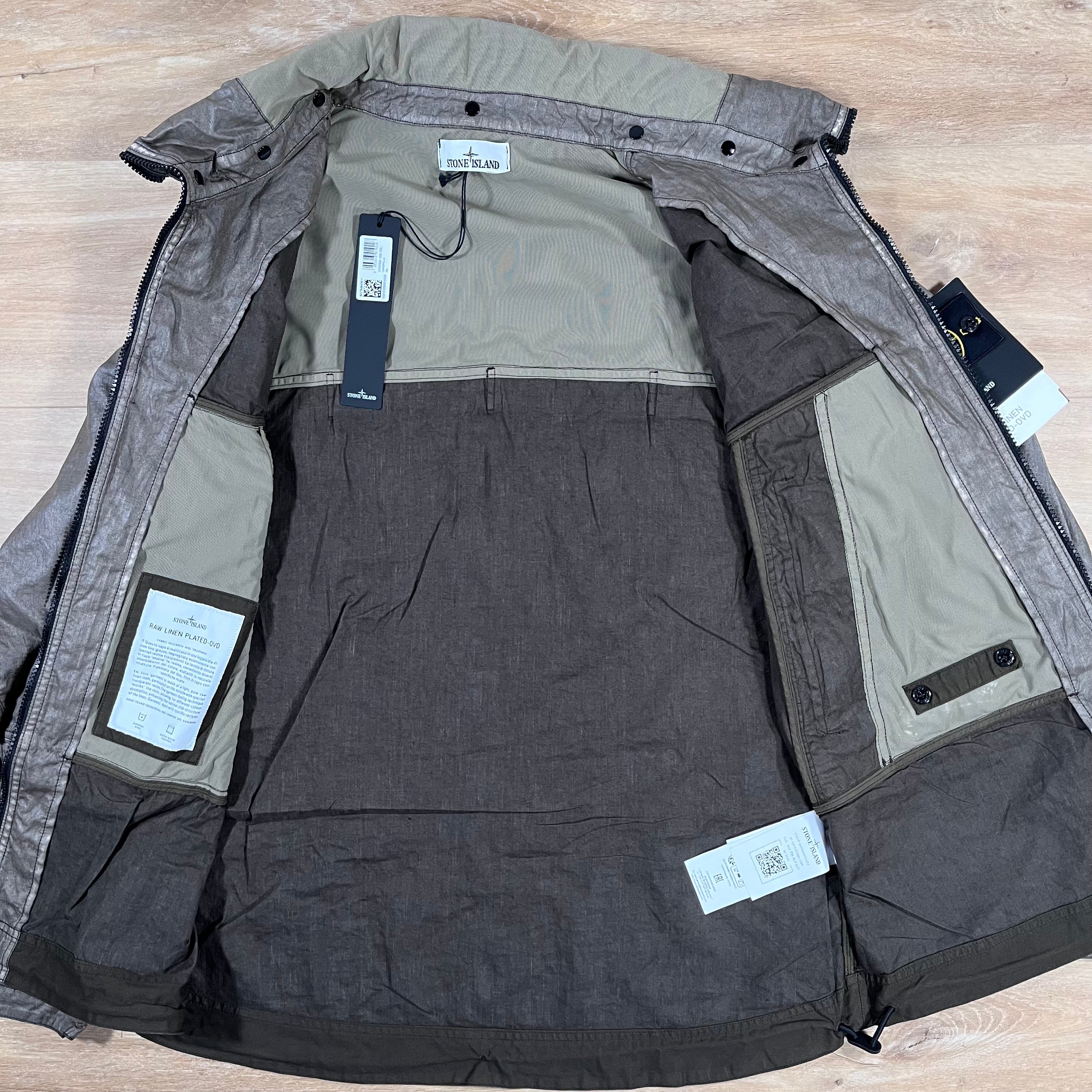 Stone Island Raw Linen Plated-OVD Jacket in Military Green Ironleague