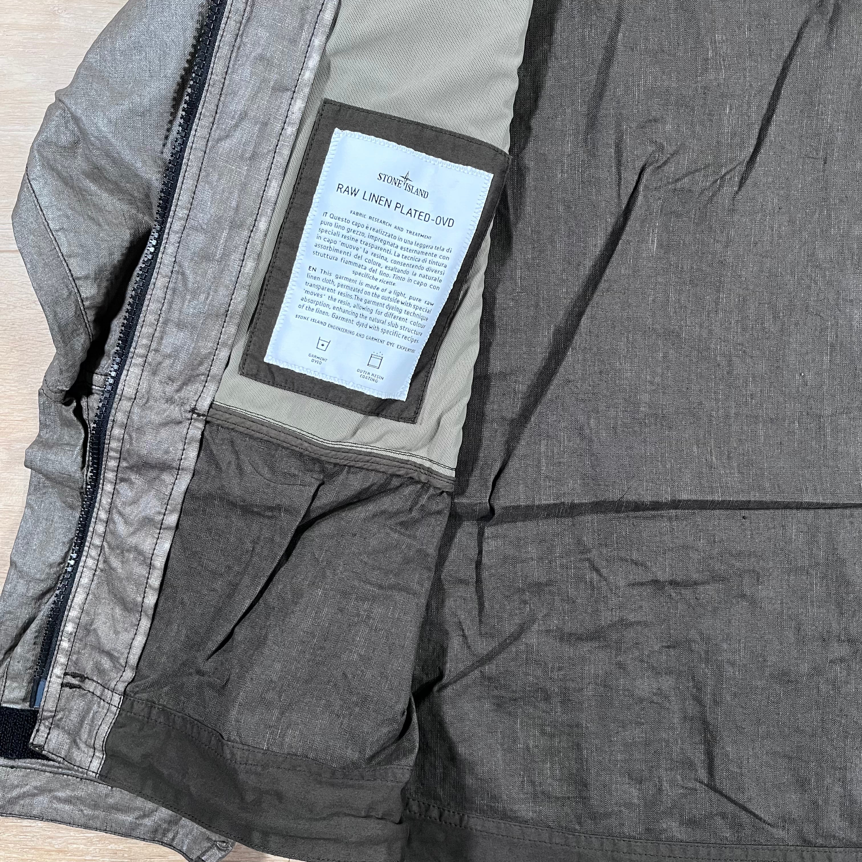 Stone Island Raw Linen Plated-OVD Jacket in Military Green Ironleague