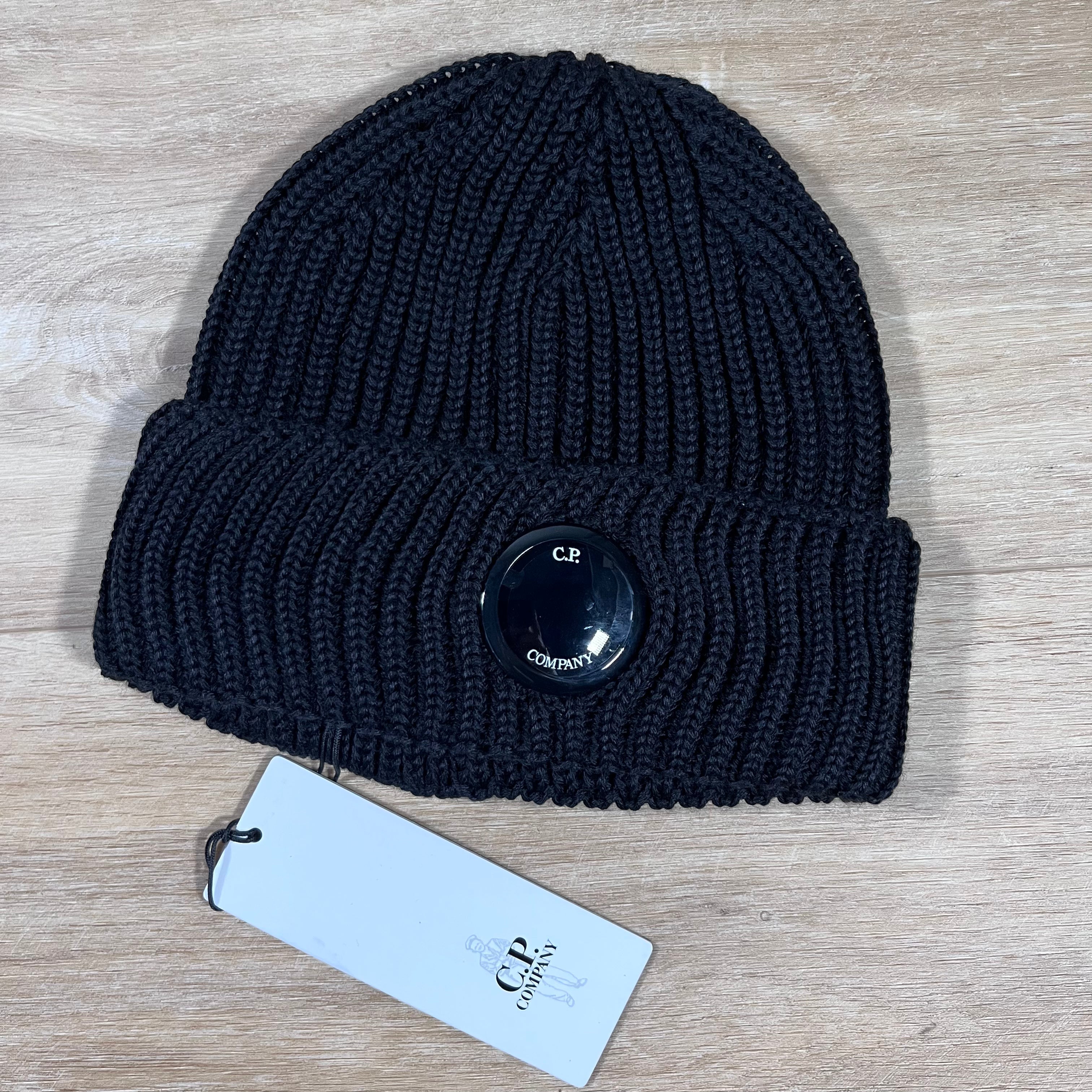 CP Company Extra Fine Merino Wool Lens Beanie in Black Ironleague