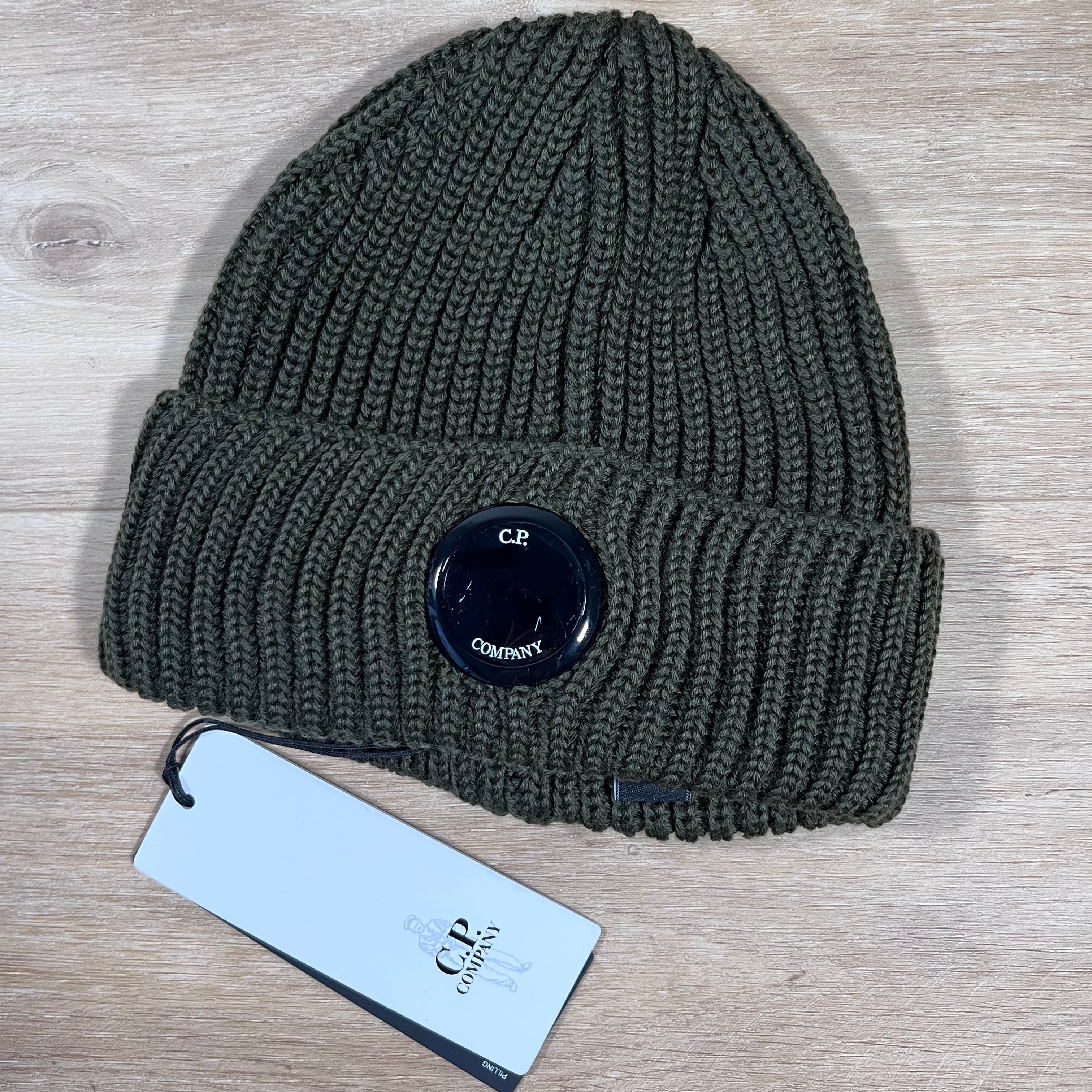 CP Company Extra Fine Merino Wool Lens Beanie in Ivy Green Ironleague