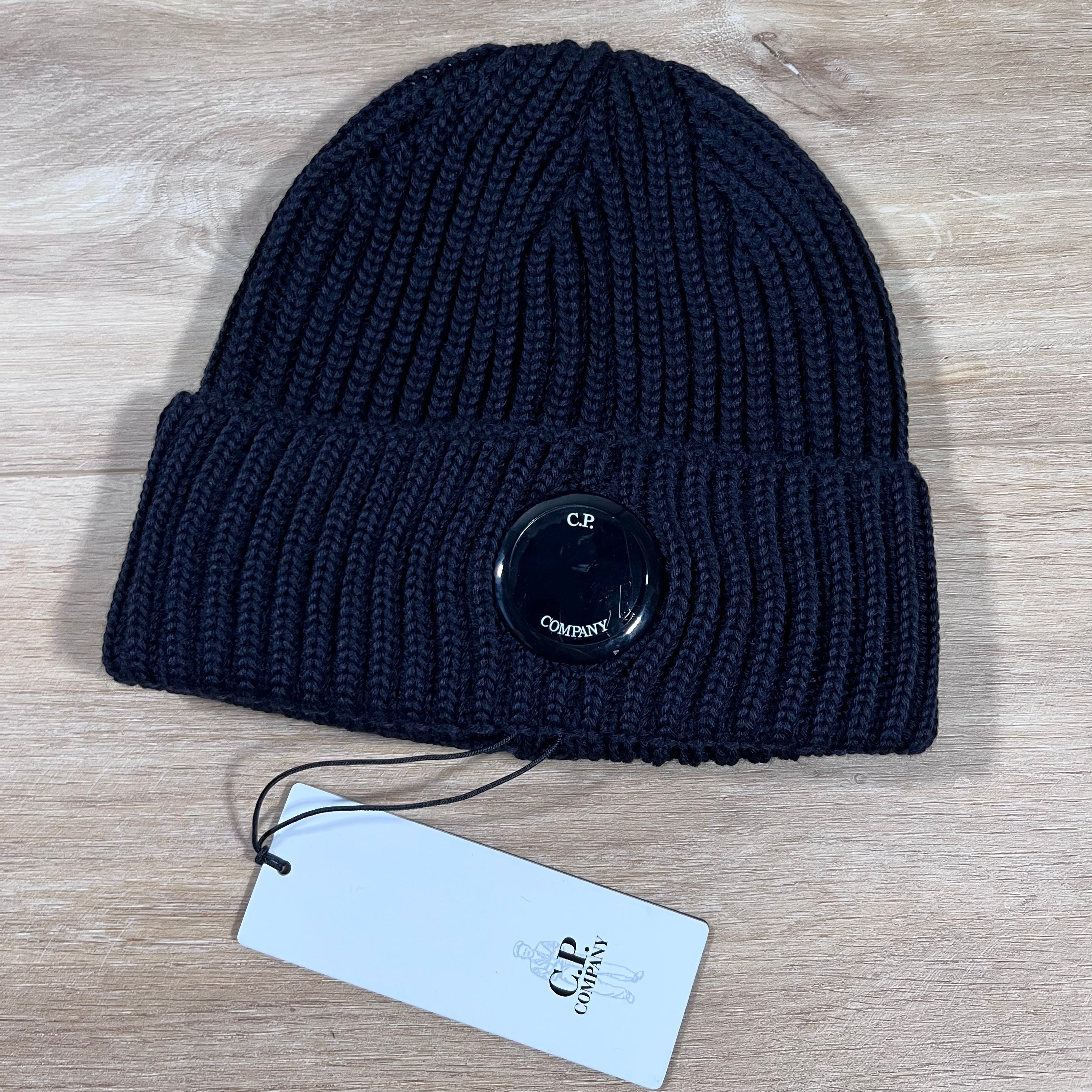 CP Company Extra Fine Merino Wool Lens Beanie in Navy Ironleague