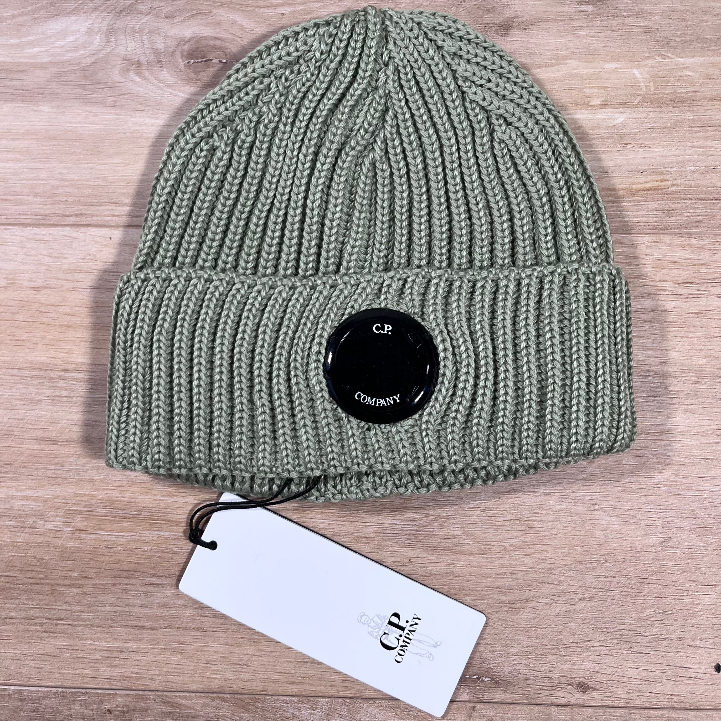 CP Company Extra Fine Merino Wool Lens Beanie in Tea - Green Ironleague