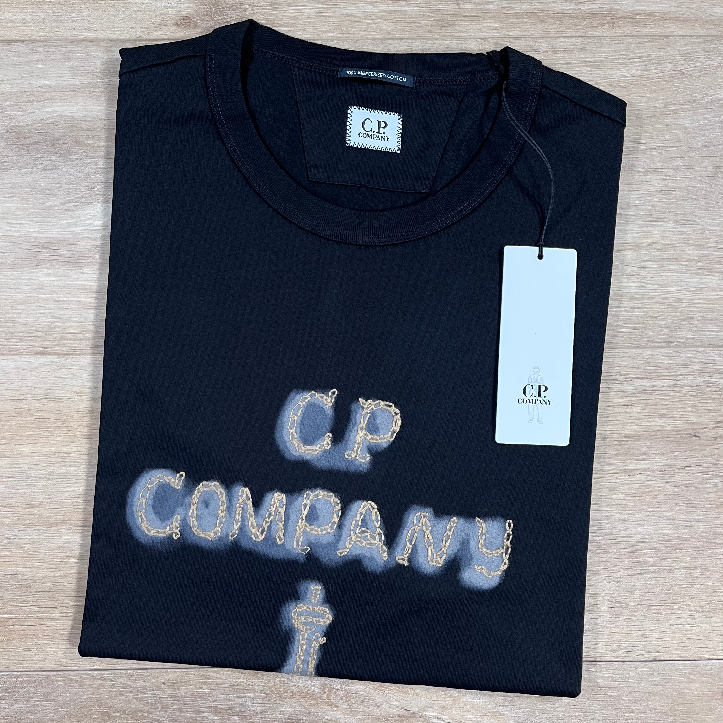 CP Company Mercerized 30/2 Jersey Twisted Logo T-Shirt in Black Ironleague