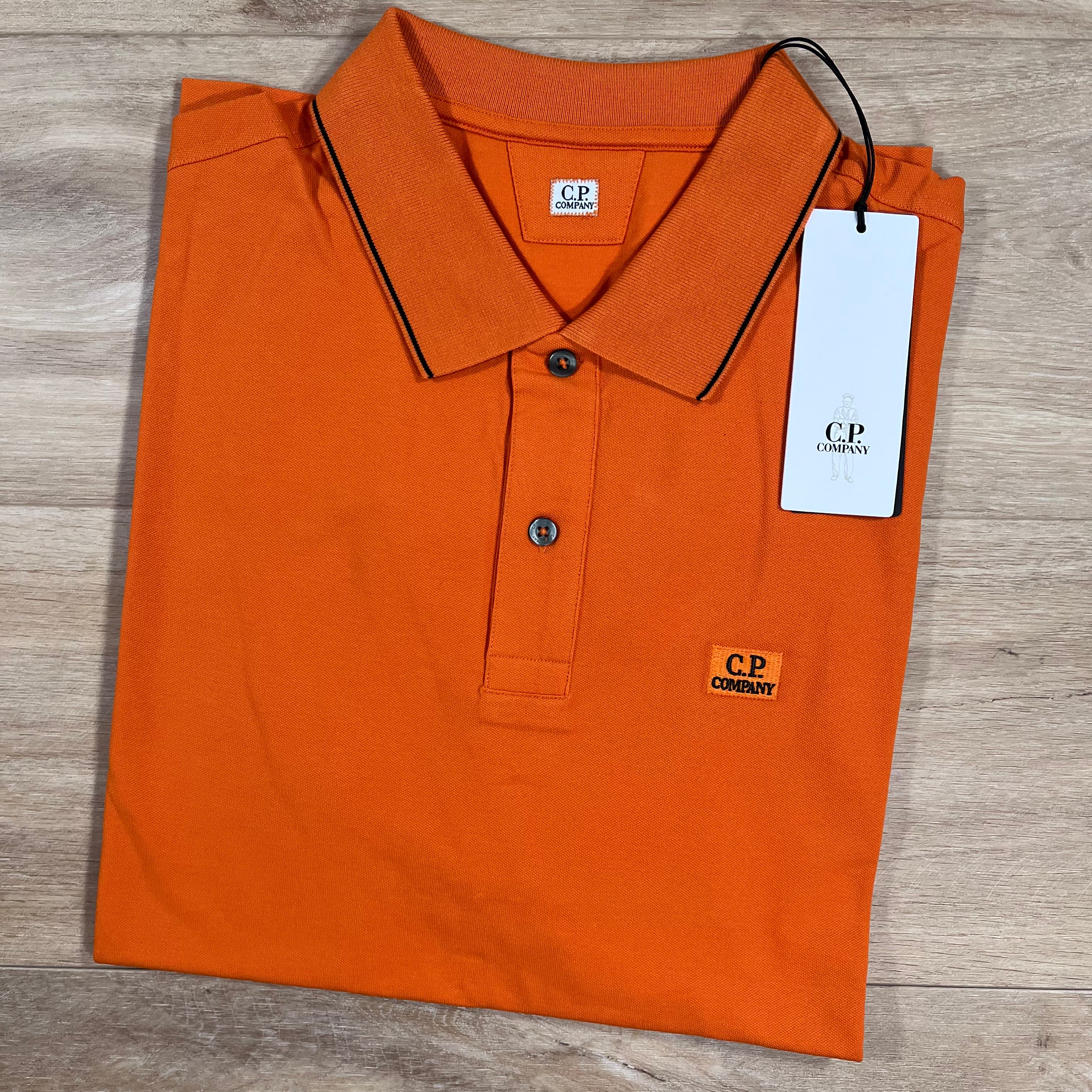 CP Company Stretch Piquet Striped Collar Polo Shirt in Russet Orange Ironleague