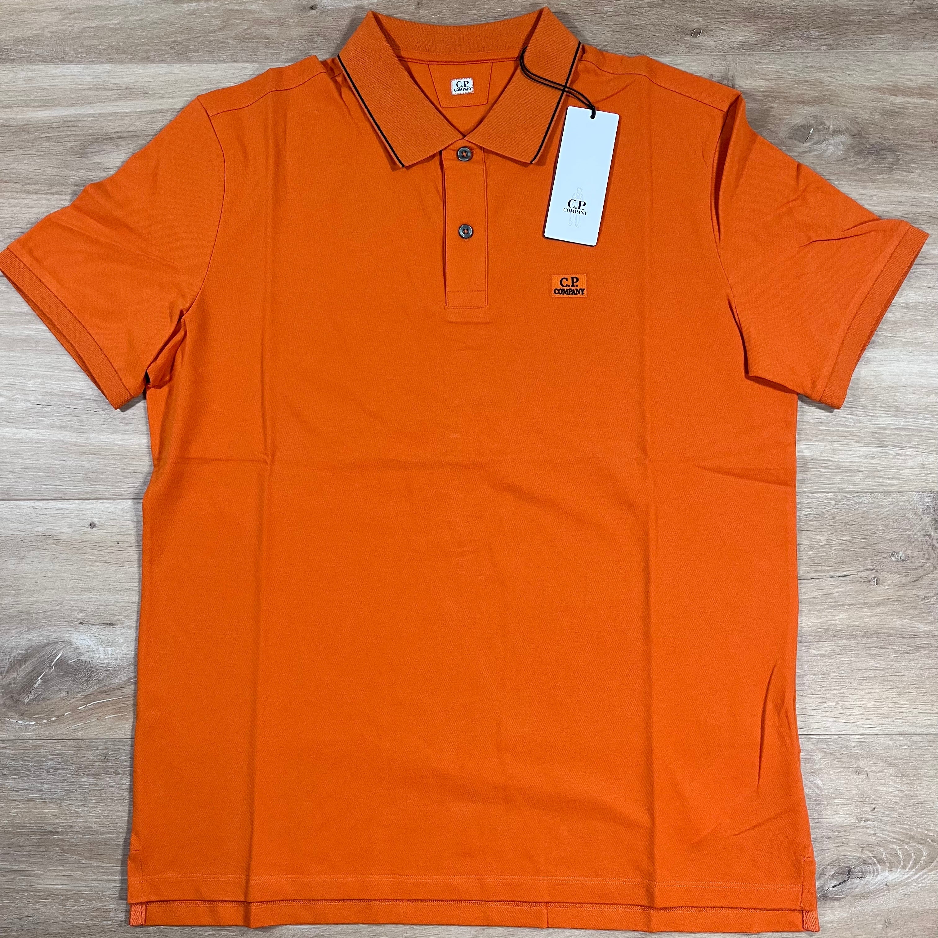 CP Company Stretch Piquet Striped Collar Polo Shirt in Russet Orange Ironleague