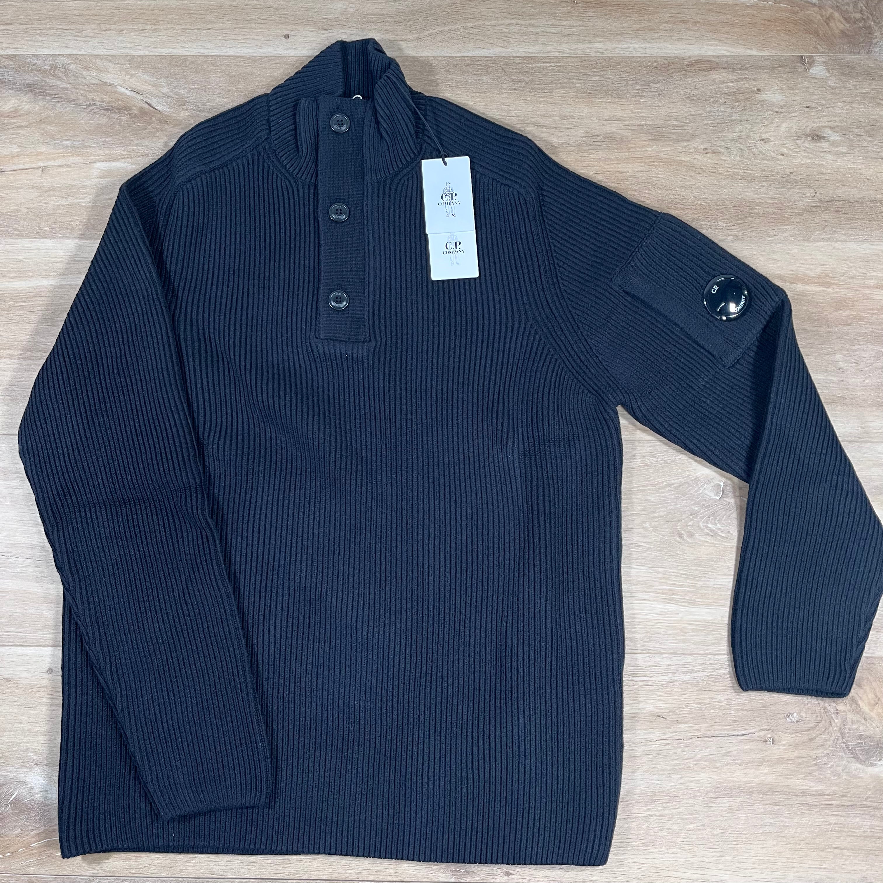 CP Company Full Rib Half-Button Lens Sweater in Black Ironleague