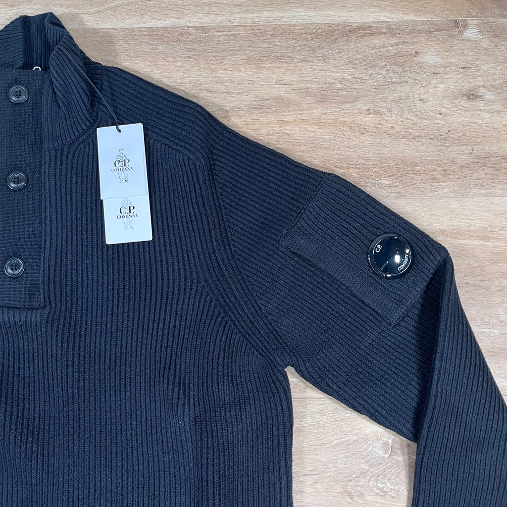 CP Company Full Rib Half-Button Lens Sweater in Black Ironleague