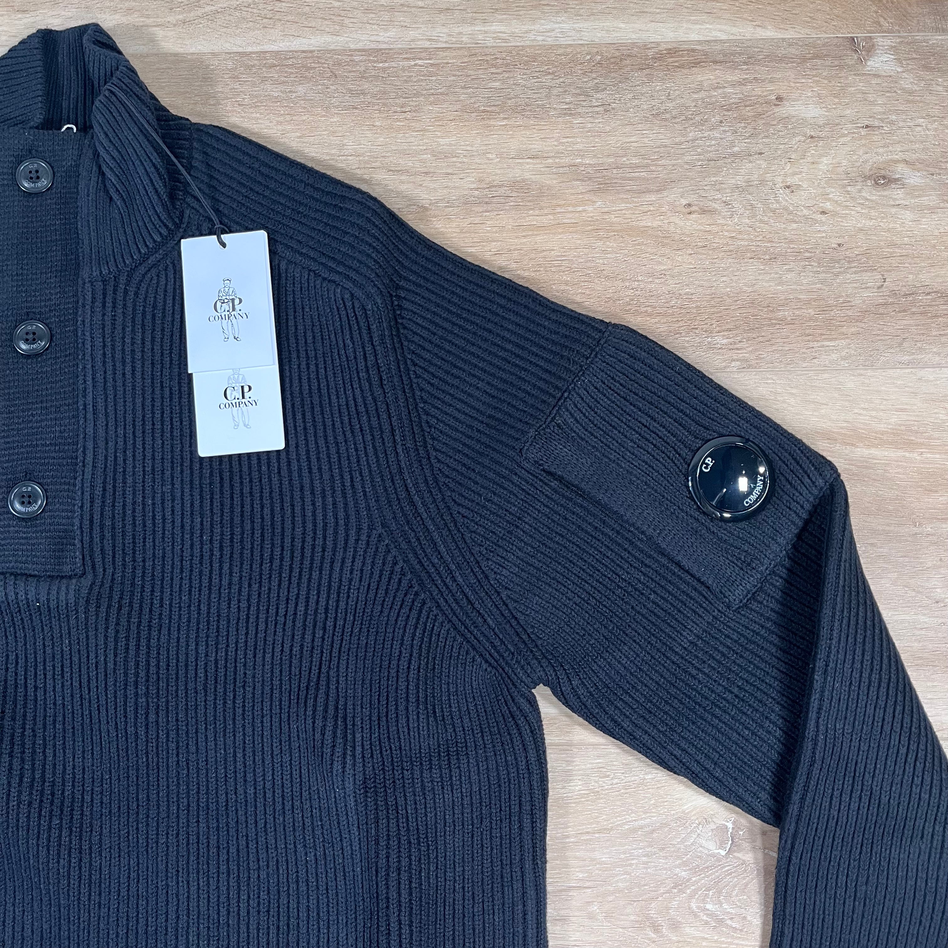 CP Company Full Rib Half-Button Lens Sweater in Black Ironleague