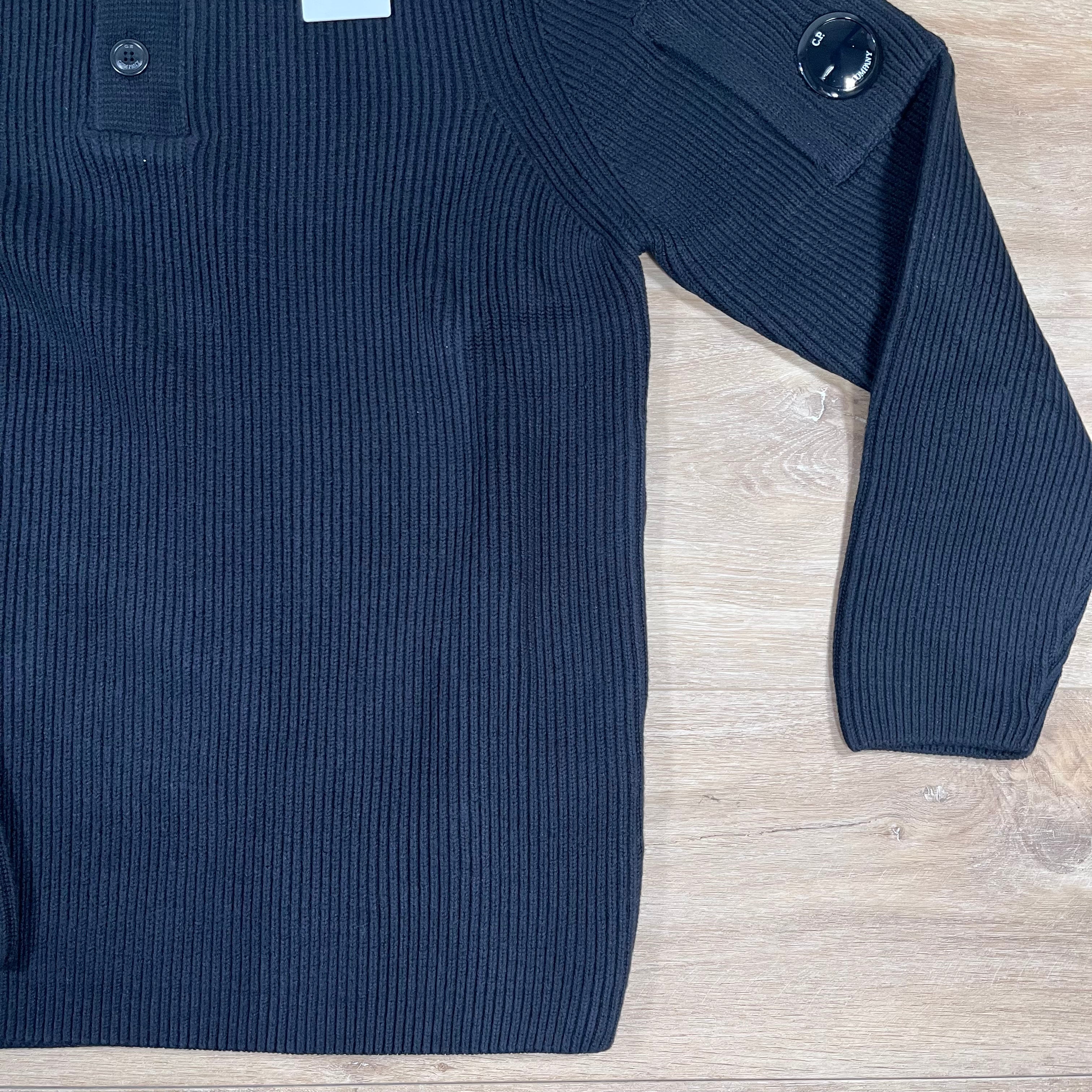 CP Company Full Rib Half-Button Lens Sweater in Black Ironleague