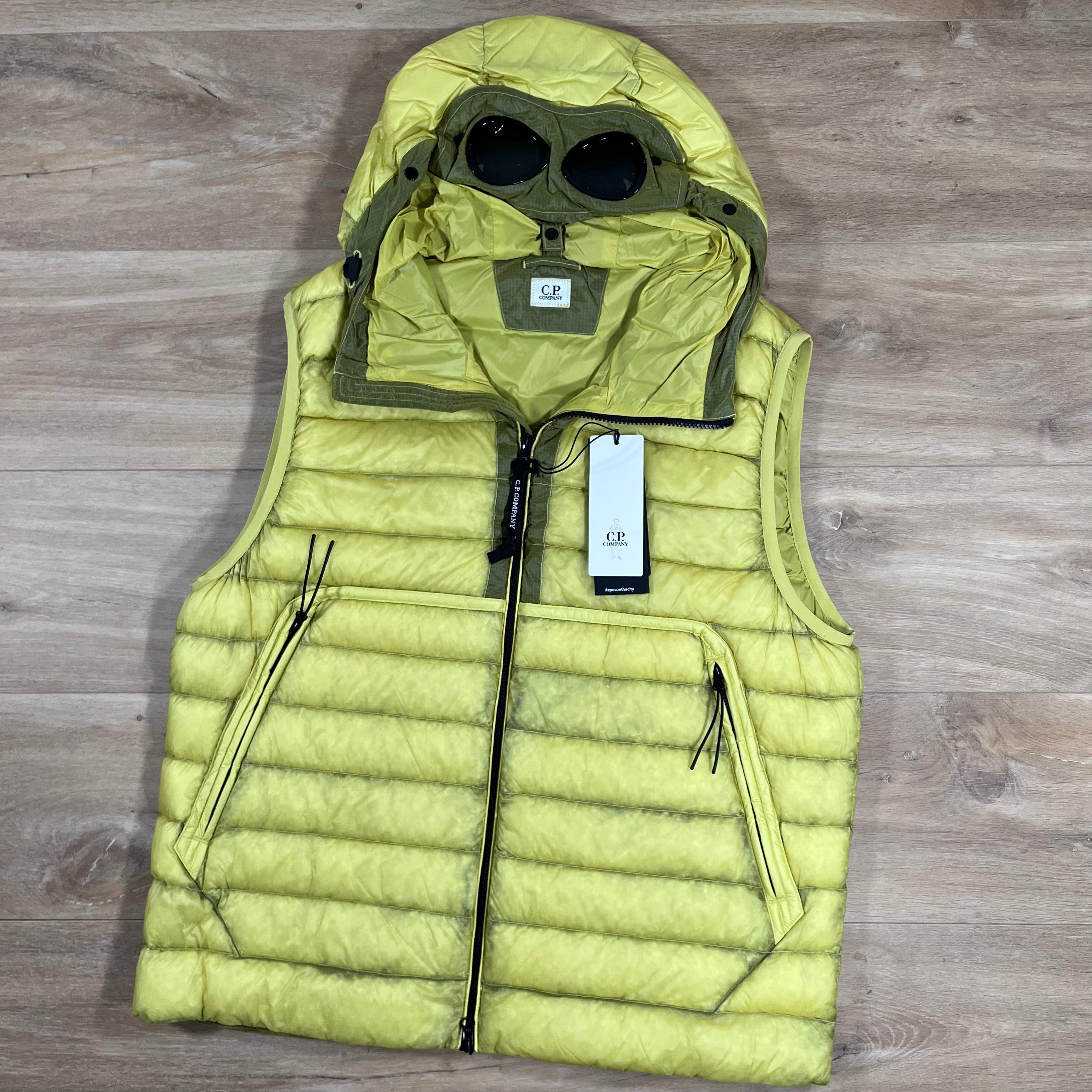 CP Company DD Shell Goggle Down Gilet in Green Sheen - Yellow Ironleague