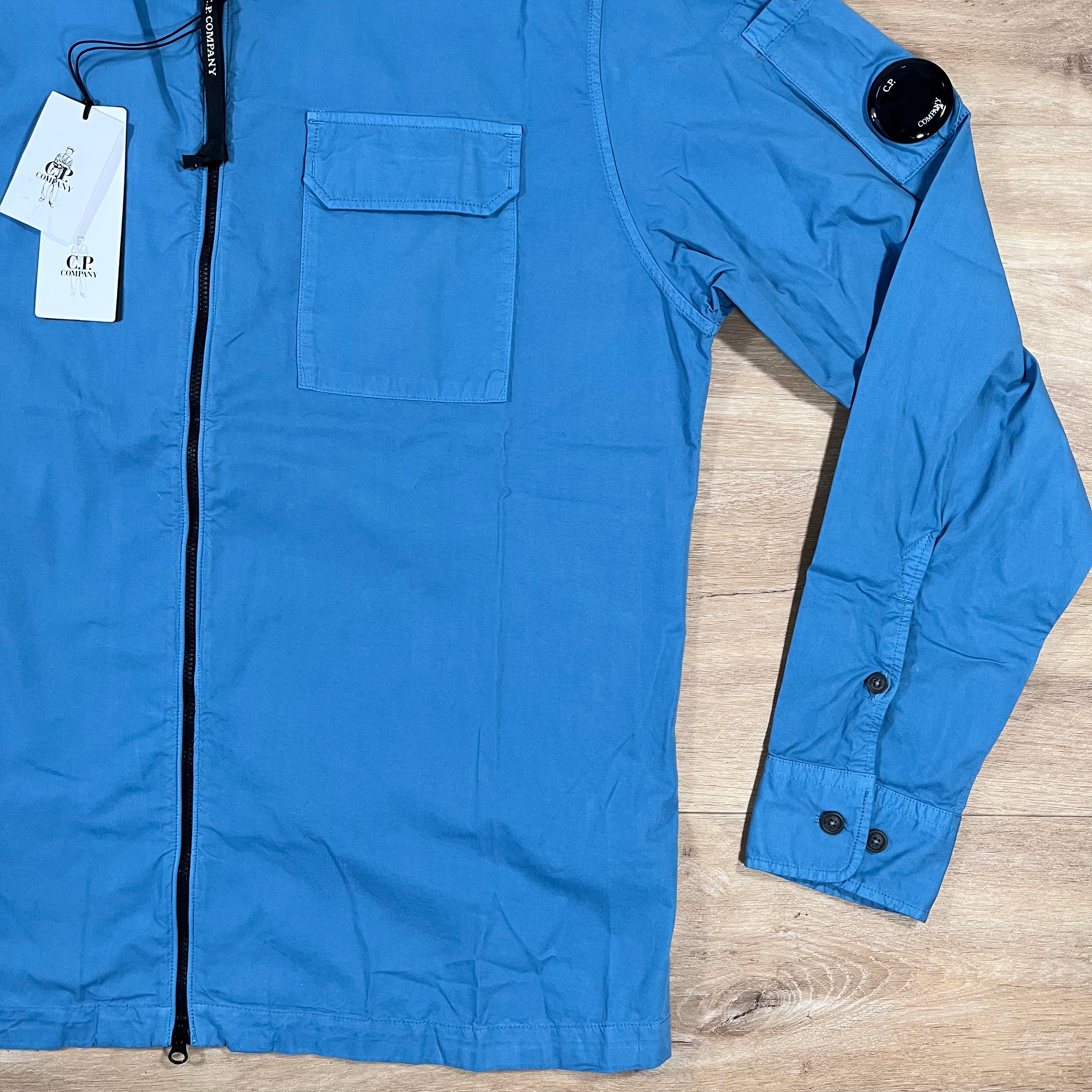 CP Company Organic Gabardine Lens Overshirt in Aegean Blue Ironleague