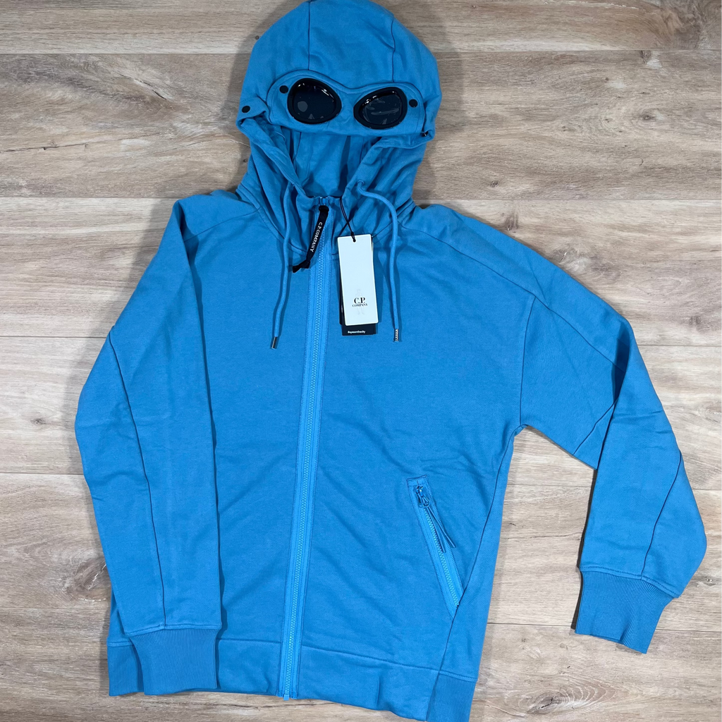 CP Company Diagonal Raised Fleece Goggle Hoodie in Aegean Blue Ironleague