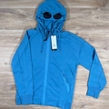 CP Company Diagonal Raised Fleece Goggle Hoodie in Aegean Blue Ironleague