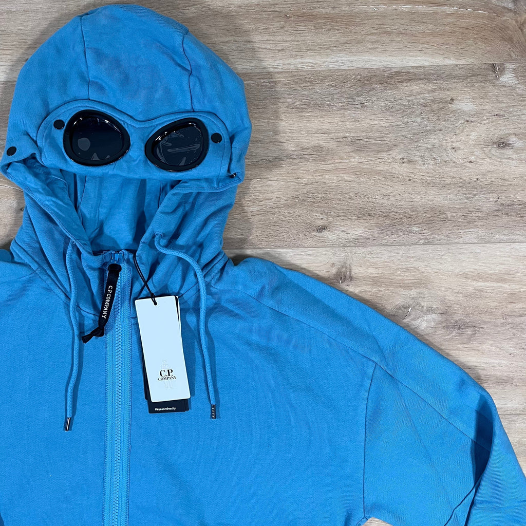 CP Company Diagonal Raised Fleece Goggle Hoodie in Aegean Blue Ironleague