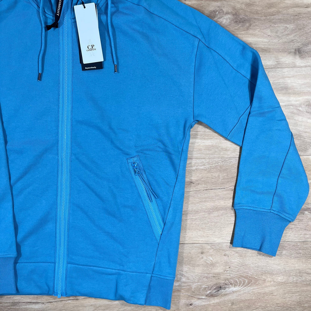 CP Company Diagonal Raised Fleece Goggle Hoodie in Aegean Blue Ironleague