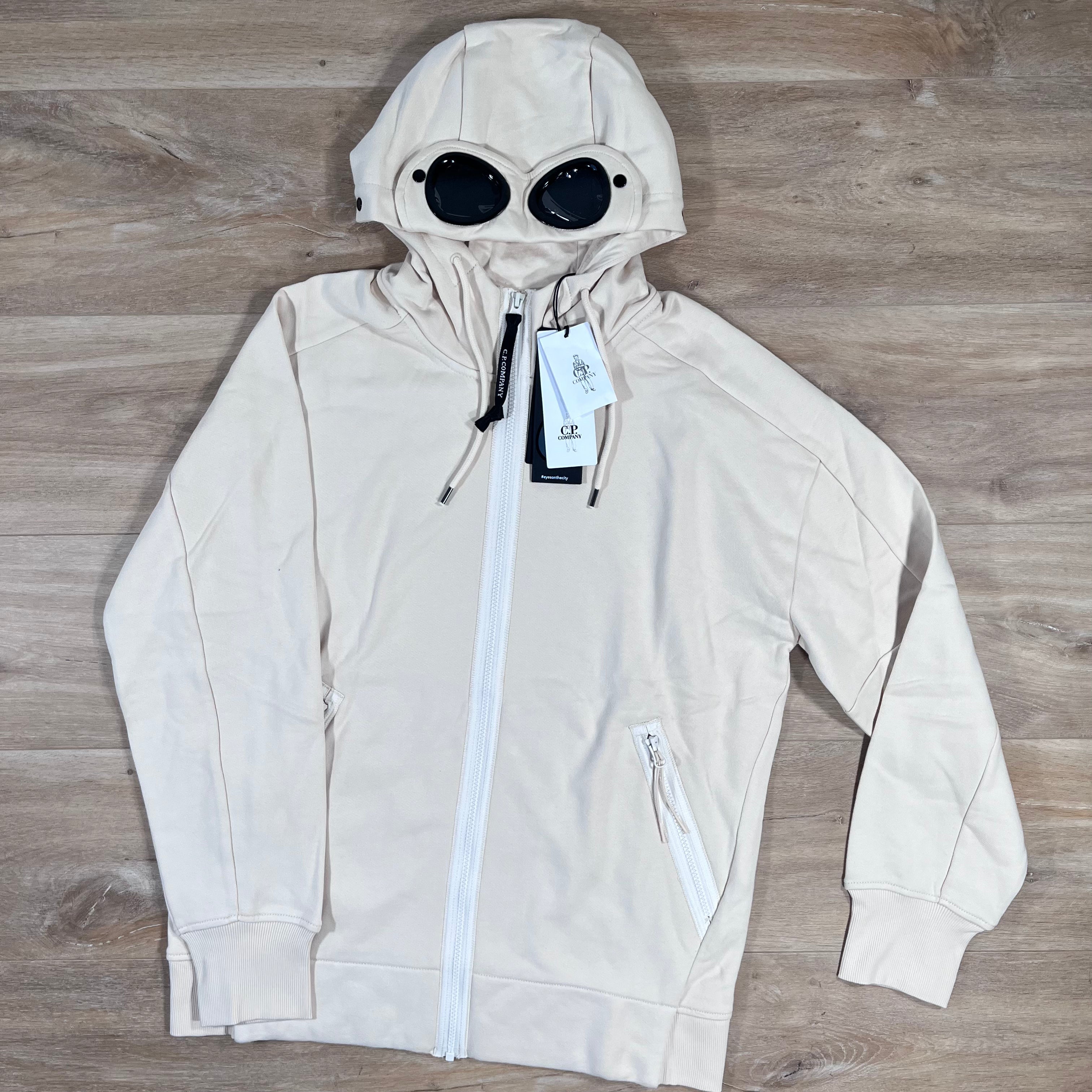 CP Company Diagonal Raised Fleece Goggle Hoodie in Pistachio Shell Ironleague