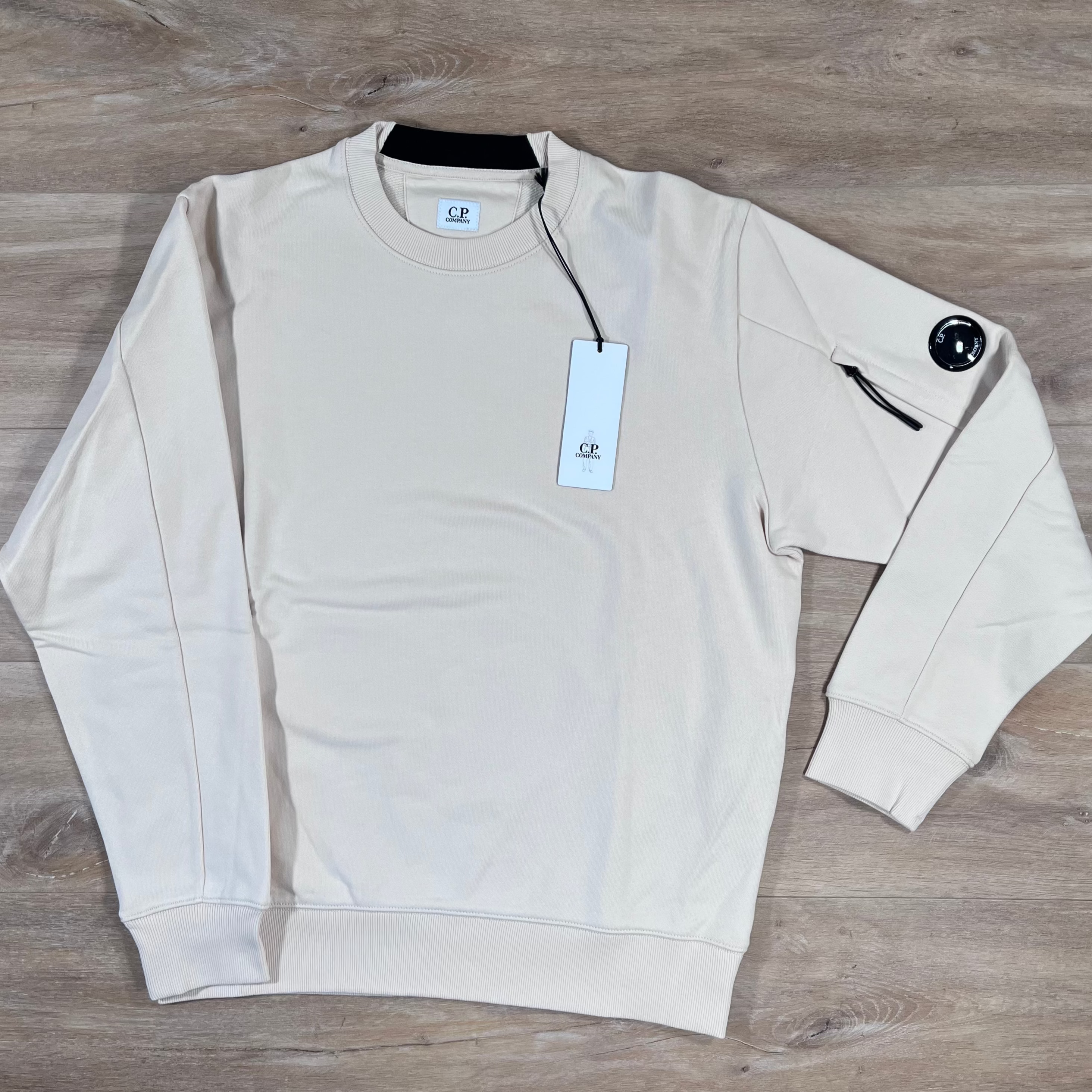 CP Company Diagonal Raised Fleece Crewneck Lens Sweatshirt in Pistachio Shell Ironleague