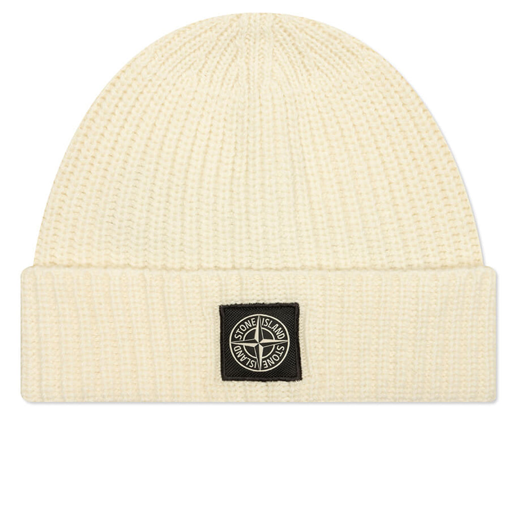 Stone Island Ribbed Geelong Wool Beanie - Natural White