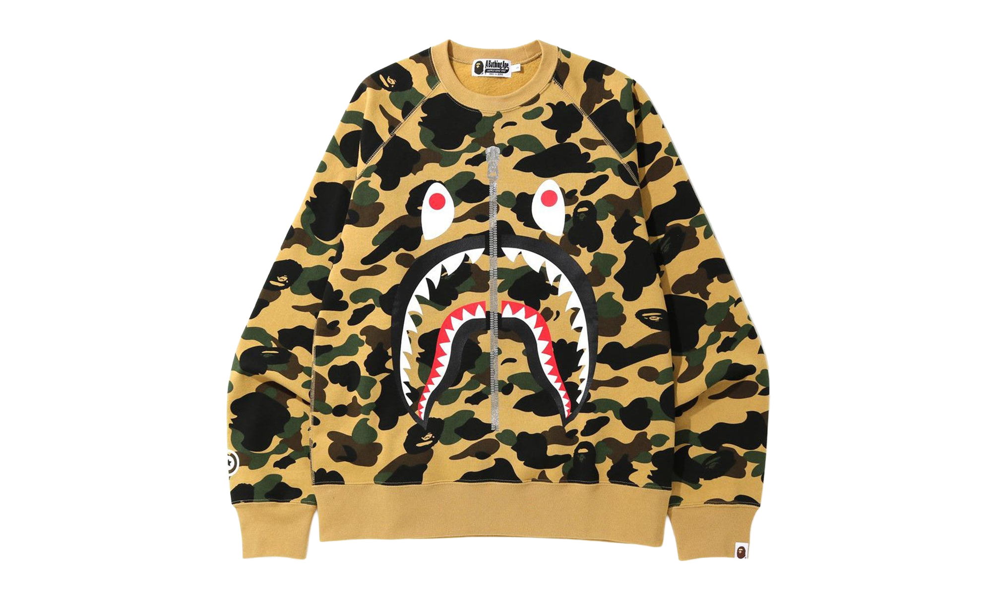 BAPE 1st Camo Printed Zip Shark Crewneck Sweatshirt Yellow 1K80 613 003 YELLOW